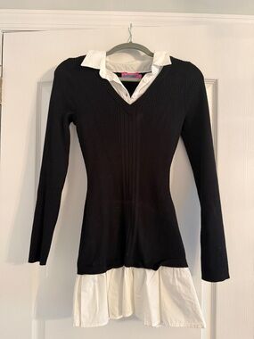 Black Ribbed V-Neck Layered Shirt Dress with White Collar